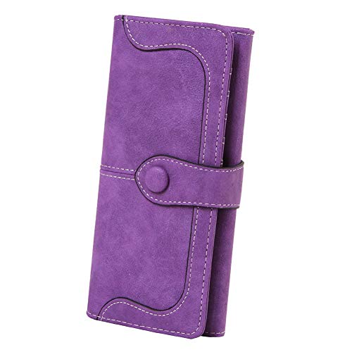 Women's Vegan Leather 17 Card Slots Card Holder Long Big Bifold Wallet - color: Purple