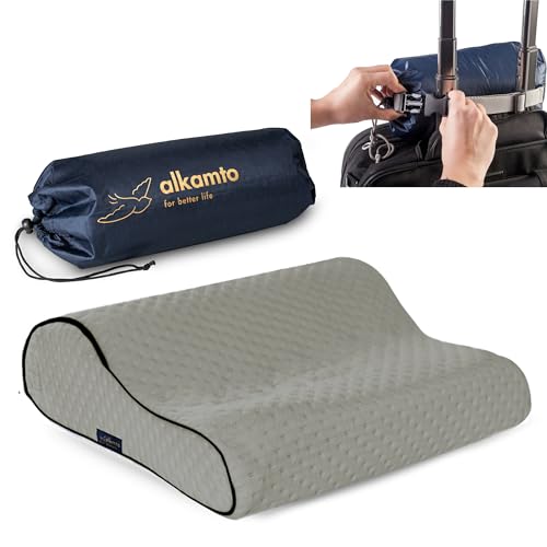 alkamto Travel & Camping Comfortable Memory Foam Pillow – Easy to Carry Portable Bag – Temperature Regulating Pillow Case (Grey Contour) - size: Grey Contour Travel