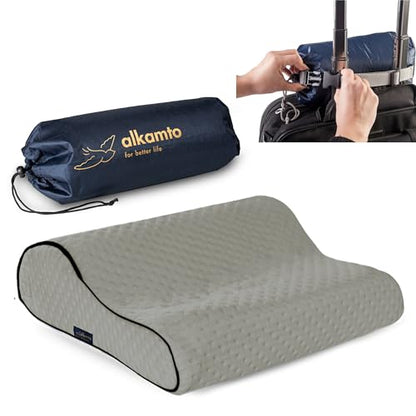 alkamto Travel & Camping Comfortable Memory Foam Pillow – Easy to Carry Portable Bag – Temperature Regulating Pillow Case (Grey Contour) - size: Grey Contour Travel