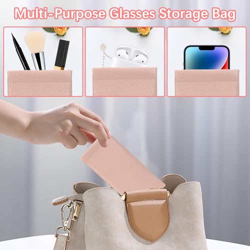 Squeeze Top Sunglass Pouch - Portable Sunglass Organizer Pouch Bags Soft PU Leather Glasses 2 Pack - color: Mica Green+light Pink