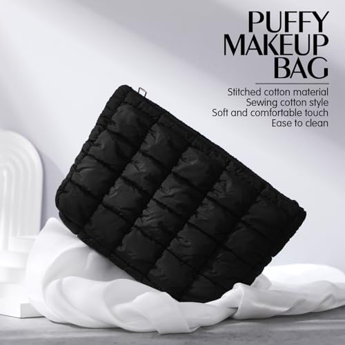 Hillban 1 Pcs Black Puffy Quilted Makeup Bag Quilted Cosmetic Bag Cute Puffer Toiletry Checkered Pouch Aesthetic Travel Makeup Brushes Organizer (Classic) - color: Black, size: Classic