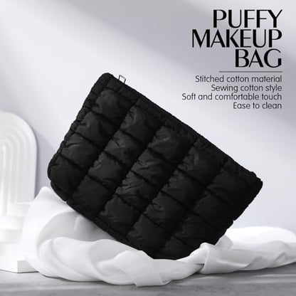 Hillban 1 Pcs Black Puffy Quilted Makeup Bag Quilted Cosmetic Bag Cute Puffer Toiletry Checkered Pouch Aesthetic Travel Makeup Brushes Organizer (Classic) - color: Black, size: Classic