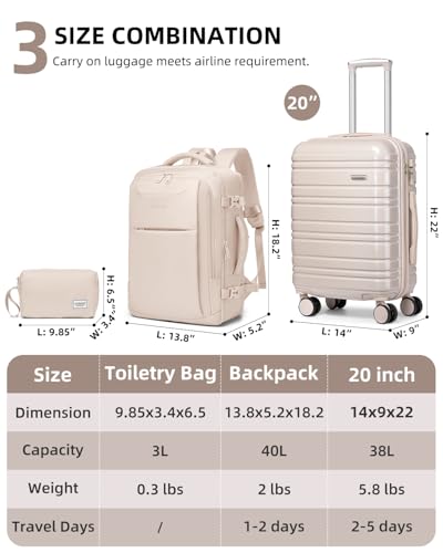 LARVENDER Carry on Luggage 22x14x9 Airline Approved Hardshell Suitcase with Wheels TSA Lock, PC+ABS Lightweight Suitcase Set for Women with Travel Backpack, Glossy Champagne - color: Glossy Champagne (XL-BP), size: 3 Piece Set (Backpack/TB/20)