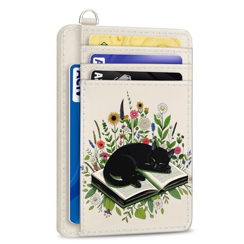 Yonlevres Credit Card Holder Slim Wallet, Floral Cat RFID Wallet Women Front Pocket Small Card Holder, Travel Cute Funny Thin RFID Blocking Case Organizer ID Window PU Leather Gifts - color: Cat Book