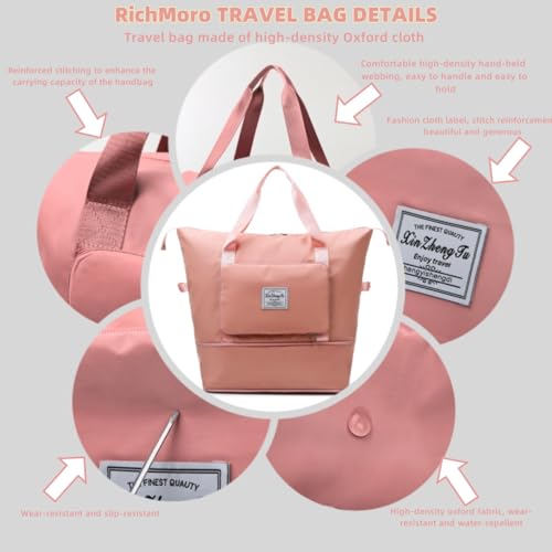 Large Capacity Foldable Travel Bag, Expandable lightweight Carry on Bag, Dry with Wet Separation Spor Duffel Bags (Sweet Powder) - color: Sweet Powder
