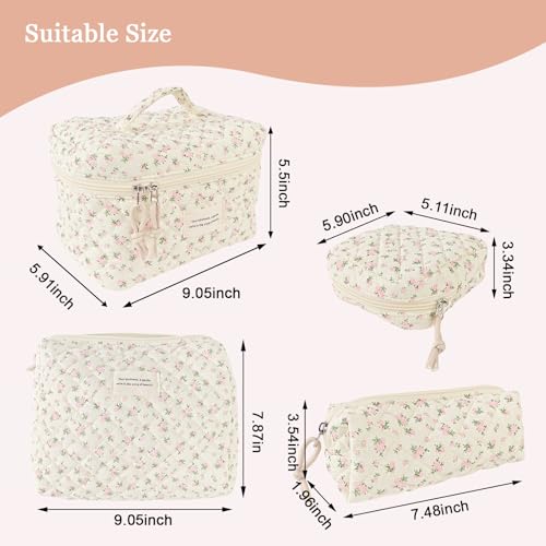 NATINSA Cute Makeup Bag for Women(2 Pcs), Travel Cosmetic Bags, Quilted Coquette Aesthetic Floral Toiletry Organizer Bag (46 - PinkMuDan) - color: 46 - PinkMuDan