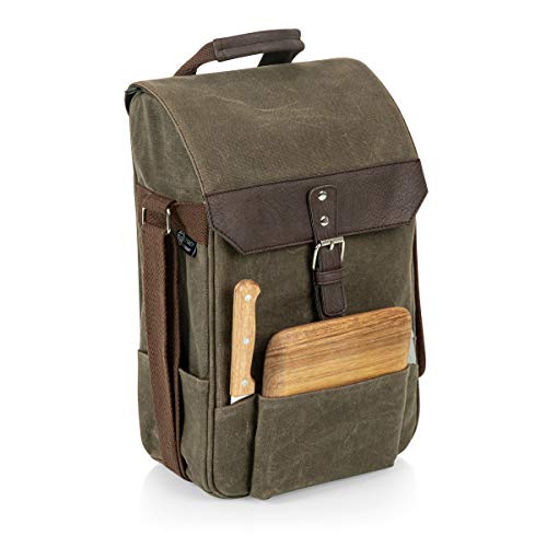 PICNIC TIME 2 Bottle Insulated Wine Bag with Cheese Board and Knife Set - Wine Picnic Bag - Distressed Waxed Canvas Wine Tote, (Khaki Green with Brown Accents) - color: Khaki Green With Brown Accents