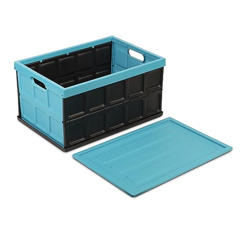 Glad Collapsible Storage Bin with Lid - 48L Foldable Plastic Box for Garage, Car Trunk, and Organization - Stackable Lidded Container with Handles, Turquoise - color: Turquoise