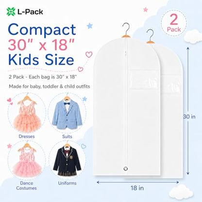 Kids Garment Bag 2 Pack for Hanging Clothes, Travel Garment Bags for Dresses, Dance Costumes & Suits, Breathable Clothes Cover for Baby Toddler Child,White, 30" x 18" - color: White 2 Pack