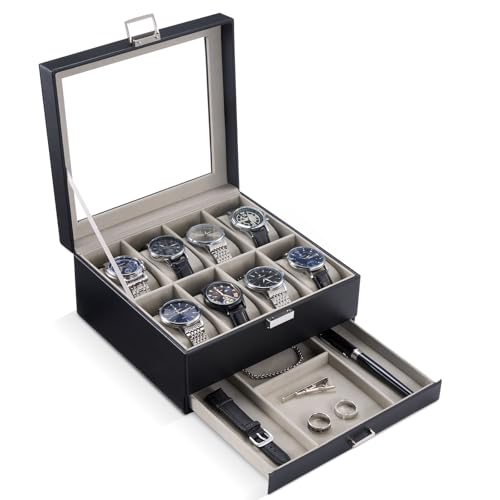 ProCase Watch Box, 8 Slot Watches Display Case with Drawer, Mens Watch Case with Glass Lid, 2-Layer Mens Jewelry Organizer Storage Holder, Birthday Valentine Gifts for Men -8 Slot, Black - color: Black, size: 8-Slot