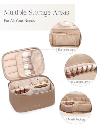 Prite Makeup Bag, Large Capacity Cosmetic Bag for Women and Girls, Waterproof PU Leather Travel Makeup Case, Toiletry Organizer with Handle and Divider for Skincare and Brushes - Brown - color: Brown