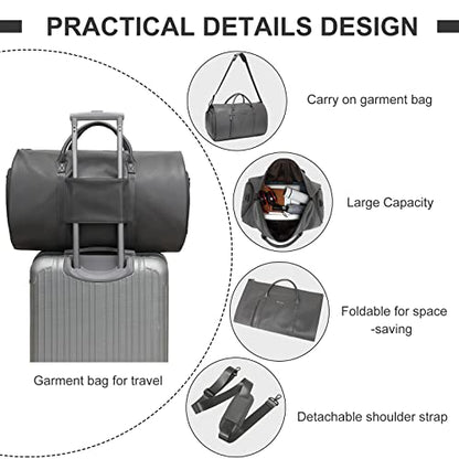 Leather Garment Bag for Travel, Modoker Carry On Suit Carrier Travel Bag with Shoulder Strap - Ideal for Business Trips and Weekend Getaways - The Garment Duffel Bag for Traveling Men Women - color: C-Grey