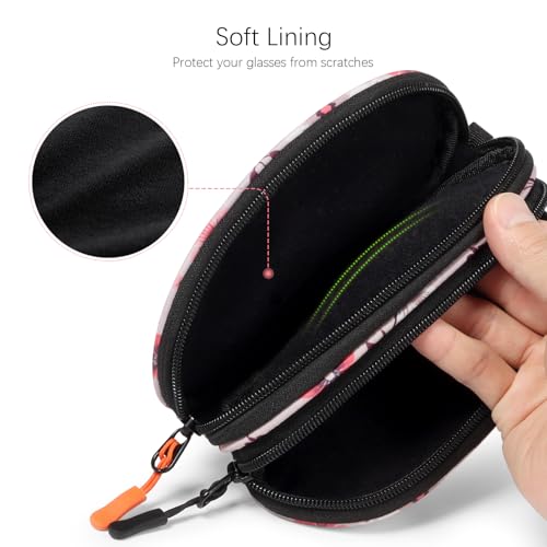 Double Eyeglasses Case Soft Portable Zipper Sunglasses Pouch with Keychain Clip for Men Women - color: Pink Flower