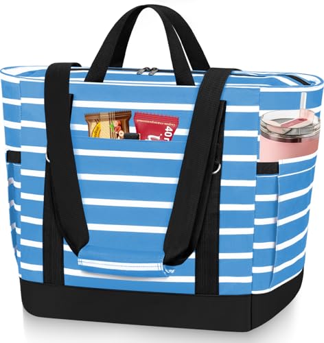 HUANLANG Soft Cooler Bag Insulated for Travel,Large Insulated Grocery Bags with Zippered Top,PEVA Collapsible Food Delivery Cooler Bag for Beach, Travel, Picnics - color: Blue and white stripes