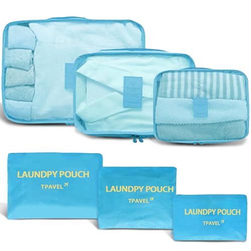 6 Set Packing Cubes for Travel Luggage Packing Bags Reusable Lightweight Suitcase Organizer Cubes Set for Travel Accessories (Sky Blue) - color: Sky Blue
