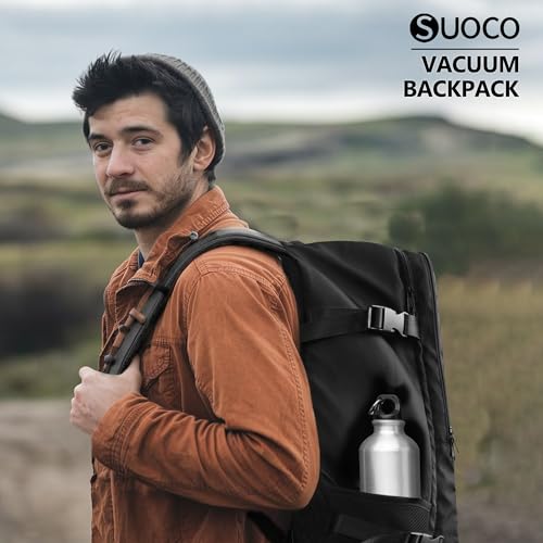SUOCO Travel Backpack with Vacuum Bag, 70L Seal Compression Air Vac Back Pack with Travel Pump, Carry On Suitcase Luggage Flight Approved for Men Women Personal Item, Black