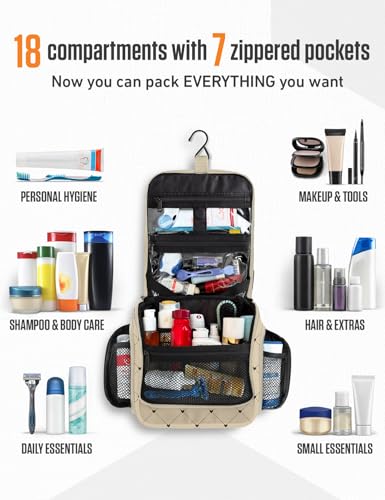 VENTURE 4TH Hanging Travel Toiletry Bag for Women & Men – Large Toiletry Organizer with 17 Compartments, Removable TSA Pouch, Travel Wash Bag for Toiletries, Makeup & Shaving Kit (Beige Diamonds) - color: Beige Diamond