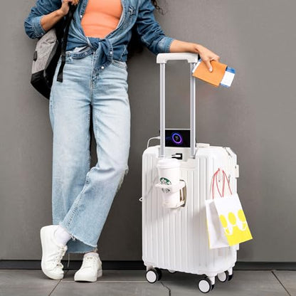 Carry-on Luggage with Cup Holder & USB Charging Port, Hard Side Luggage with Spinner Wheels, Lightweight Luggage for Travel, Business (White, Carry-On 20-Inch) - color: White
