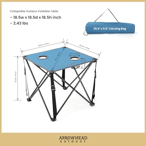 ARROWHEAD OUTDOOR 26” (66cm) Portable Camping Folding Table, 2 Cup Holders, Square, Carrying Case, Steel Frame, High-Grade 600D Canvas - color: Blue
