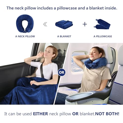 Multifunctional Neck Pillow, Soft Warm Blanket with Cozy Neck Pillow Case, Portable Blanket Set for Airplane, Camping, Car (Navy Blue)