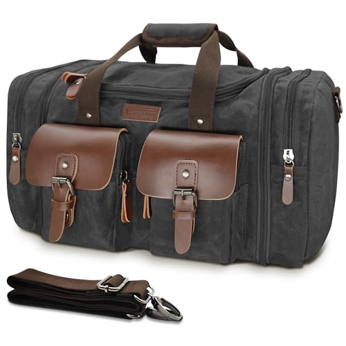 Wildroad 50L Travel Duffel Bag, Expandable Waxed Canvas Genuine Leather Duffle Bag Upgraded Overnight Weekender Bag Carry on Bag (Vintage Black, Large-50L) - color: Vintage Black, size: Large-50L Duffle Bag