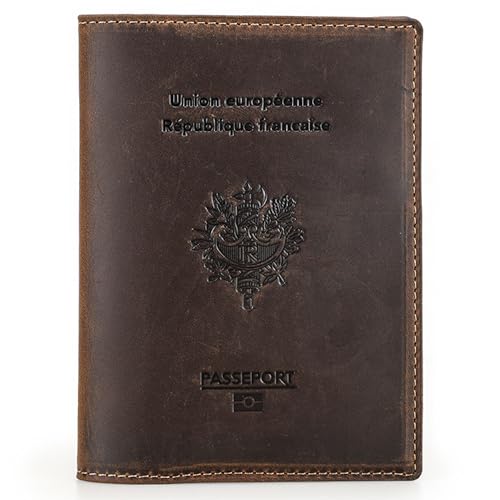 Top Grain Leather Single Travel Passport Wallet Embossing Badge for Unisex, Folio Design for Passport & Multi Cards, RFID Blocking for Passport/Cards/Checks/Bills/AirTag, Coffee Default, FR - color: 【FR】France Cover-Default Coffee, size: Badge Embossed Co