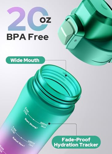 Opard 20oz Plastic Water Bottle Dishwasher Safe, Leakproof Flip-Top Lid, BPA Free Tritan, Wide Mouth Reusable Kids Water Bottle for School Hiking Commuting Outdoor Travel and Gym - color: Bubblegum Cyan Pink, style: 20 oz - Fast Flow