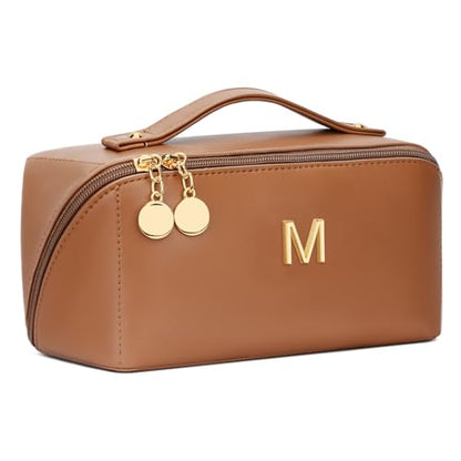 Initial Makeup Bag Gifts for Women Bridesmaid Gifts Travel Toiletry Personalized PU Leather Waterproof Cosmetic Bag (Medium-Brown-M) - color: MediumBrown, style: M
