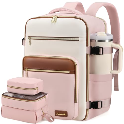 LOVEVOOK Travel Backpack For Women,40L Carry On Backpack Flight Approved,TSA Personal Item Travel Bag Fits 17 Inch Laptop,Weekender Overnight Daypack with Toiletry Bag and Cube,White Light-brown - color: Pink and White, size: 17.3 Inch-40L-4Pcs