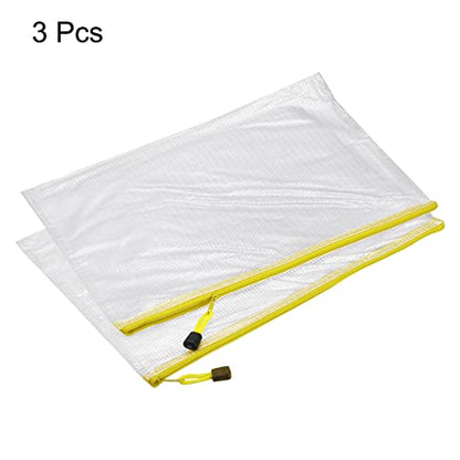 MECCANIXITY Mesh Zipper Bags, A3 Size Plastic Zip File Pouch Document Folders for Home Office Travel, Yellow Pack of 3 - color: Yellow