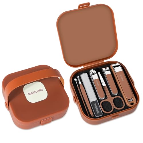 Nail Clippers Set for Men and Women 7 Pieces Stainless Steel Grooming Kits, Fingernail and Toenail Clipper Cutters with Luxurious Travel Case Nail Care Tools Manicure Pedicure Kit, Brown - color: Brown