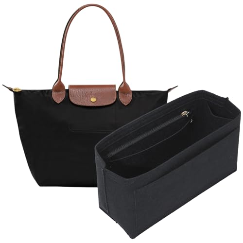Lighweight Purse Organizer Insert for Longchamp Le Pliage M Tote Bag, Premium Felt Long Champ Medium Tote Divider with Cup Holder,Bags Storage Shaper with 8 Deepened Pockets,M/Black - color: Black, size: M Tote Bag (Long Handle)