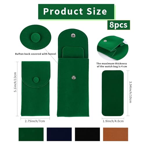 8 Pcs Velvet Watch Pouch Portable Watch Pouch Single Watch Travel Case Watch Storage Bag Luxury Gift Bag with Snap Button for Jewelry Watch Organizer (Green) - color: Green