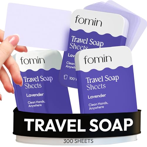 FOMIN - Paper Soap Sheets for Traveling - 300 Lavender Portable Hand Soap Sheets for Travel in Tin - Dissolvable Mini Portable Travel Soap Sheet for Hand Washing, Camping and Hiking - color: Lavender (Pack of 3)