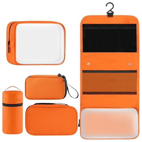 Toncoke Travel Toiletry Bag Set, Hanging Toiletry Bag Premium Faux Leather, Toiletry Bag for Women & Men, Travel Essentials Makeup Bag Water-resistant, Faux Leather Orange - color: Faux Leather Orange