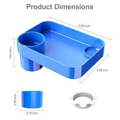 Car Seat Snack Tray for Toddlers - 3 Inch Cup Holder Fits Most Sippy Cups & Straw Bottles with Dip Well, Mess-Free Square Kids Travel Tray Road Trip Essentials, Blue - color: Blue