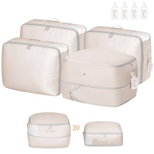 DIMJ Comforter Storage Bag - Ultra Space Saving Self Compression Organize for Duvet, Pillow, Bedding, Blanket Storage Organizer Nylon Compression Bags Large Capacity, Sheet Storage with Zipper, 4 Pack - color: Beige, size: 66L x 4 Pack