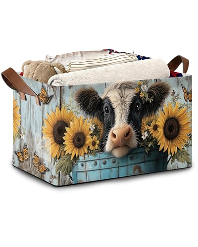 Wooden Highland Cow Storage Baskets,Butterfly Sunflower Foldable Large Capacity Organizer Bins with Waterproof Lining and Leather Handles for Closet,Shelf,Bedroom 17x11.5x10Inch - color: Wooden Highland Cow Butterfly Sunflower