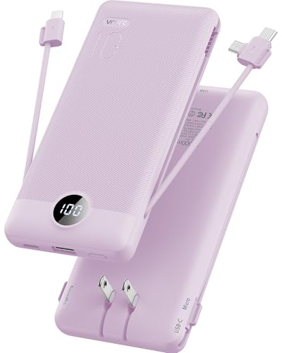 VRURC Portable Charger Built-in Cables and AC Wall Plug,USB C Power Bank 10000mAh, Travel Essentials Phone Charger Compact Lightweight External Battery Pack for Smart Phones, Tablets etc (Purple) - color: Purple