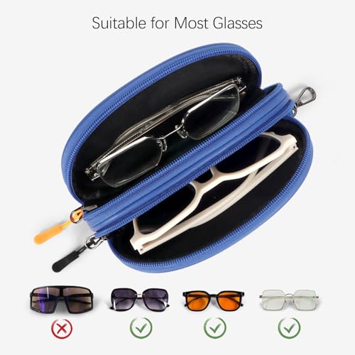 Double Eyeglasses Case Soft Portable Zipper Sunglasses Pouch with Keychain Clip for Men Women - color: Blue Pu