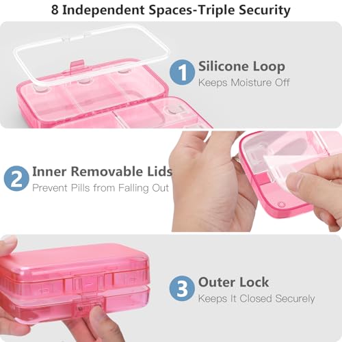 FYY Weekly Pill Organizer with Labels,8 Compartments Travel Daily Pill Case Airtight Moistureproof Large Pill Box to Hold Vitamins, Fish Oil, Supplements,Cotton Swab and Bandages-Hot Pink - color: Hot Pink