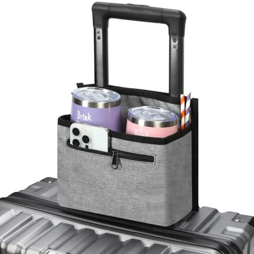 ZHCHG Luggage Travel Cup Holder Attachment for Suitcase Drink Carrier Caddy, Coffee Mug and Tumblers, Traveler Carry on Hands Free Accessory- Gifts for Flight Attendants Travelers Accessories - color: light gray