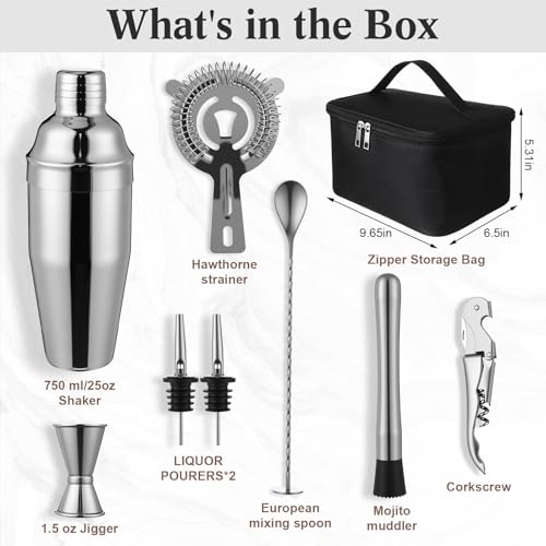 9 Pcs Travel Bartender Kit Cocktail Shaker Set with Bag 25oz Martini Shaker Kit, Ice Crusher, Wine Opener, Strainer, Spoon, Jigger, Pourer, Portable Bar Gift for Home Rv Summer Party Outdoor
