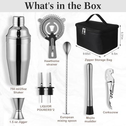 9 Pcs Travel Bartender Kit Cocktail Shaker Set with Bag 25oz Martini Shaker Kit, Ice Crusher, Wine Opener, Strainer, Spoon, Jigger, Pourer, Portable Bar Gift for Home Rv Summer Party Outdoor