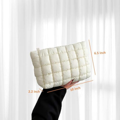 Puffy Quilted Makeup Bag for Women, Cosmetic Bag, Travel Toiletry Organizer Pouch Clutch (white) - color: white