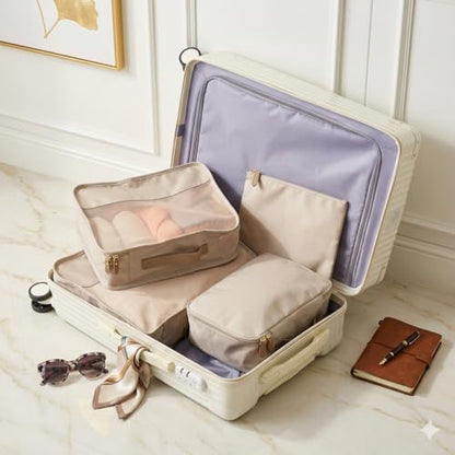 4-Piece Travel Packing Cubes Set for Suitcases - Lightweight Mesh Luggage Organizers - Beige Travel Essentials Bag Set for Clothes, Underwear, and Toiletries (Minimalist Neutral Design)