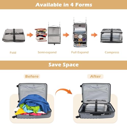 Surblue Hanging Shelves Travel Compression Packing Cube for Carry-on Luggage Suitcase Collapsible Transformable Garment Closet Organizers Large Capacity, Lightgrey, XL - color: Lightgrey, size: XL_13*10.2*23.2in
