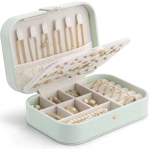 VLANDO Travel Jewelry Case for Women Girls Mothers, PU Leather Portable Small Jewelry Box for Rings, Necklaces, Bracelets, Earring Holder Organizer Storage for Travel, Bridesmaid Gifts - Mint Green - color: E.Mint Green