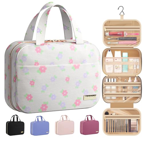 HOTOR Travel Toiletry Bag - Hanging Toiletry Bag for Women & Men, Makeup Bag/Big Comparment, Waterproof for Travel Accessories, Travel Essentials, Medium, Beige with Colorful Floral - color: Beige with Colorful Floral, size: Medium