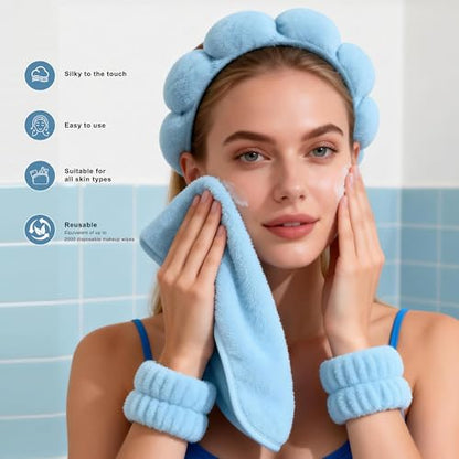 Real Perfection Spa Headband for Washing Face, Skincare Headband Wristband Set for Facial Mask Skin Care, Makeup Remover Towel Cloth Small Spray Bottle with Travel Makeup Bag Gifts for Women - Blue - color: Blue